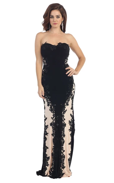 Pencil Floor-Length Strapless Sleeveless Lace Jersey Dress With Appliques