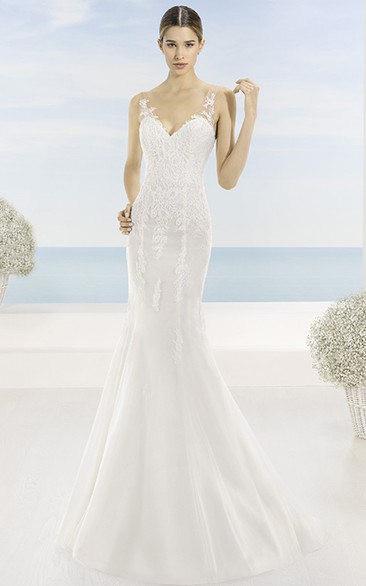 Sheath Sleeveless Floor-Length V-Neck Appliqued Lace Wedding Dress With Sweep Train And Deep-V Back
