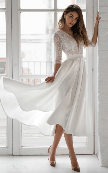 Modern A Line Satin V-neck Tea-length Wedding Dress with Ruching and Sash