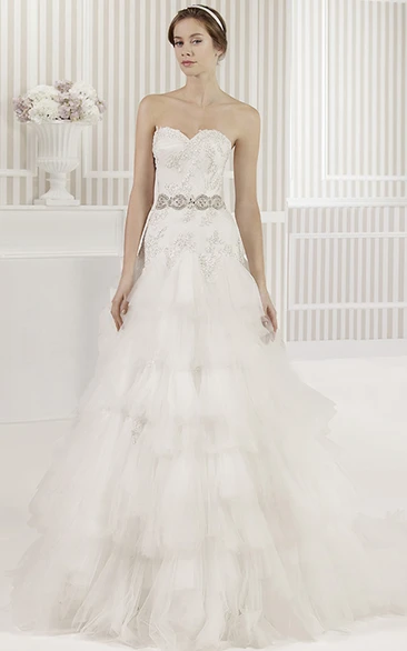 A-Line Floor-Length Sweetheart Tiered Tulle Wedding Dress With Beading And Corset Back