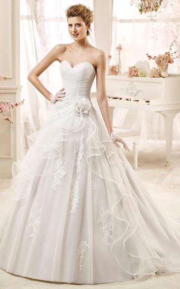Sweetheart A-line Wedding Dress with Asymmetrical Ruching and Flowers