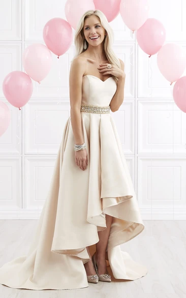 A-Line High-Low Sweetheart Satin Zipper Dress With Waist Jewellery And Draping