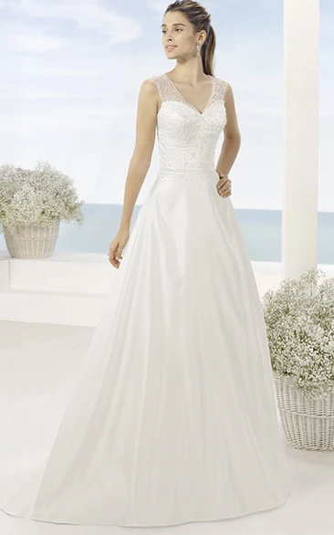 A-Line Floor-Length Appliqued V-Neck Sleeveless Satin Wedding Dress With Court Train And Illusion Back