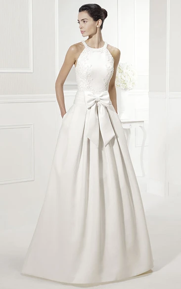 Halter Style Taffeta Bridal Gown With Bow And Appliques