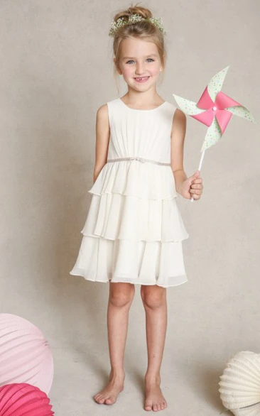 A Line Scoop Neck Tiered Sleeveless Short Mini Chiffon Flower Girl Dress