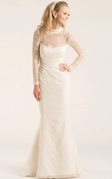 Sheath Long-Sleeve High Neck Long Lace Wedding Dress With Illusion