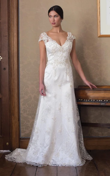 Sheath Cap-Sleeve Embroidered V-Neck Long Lace Wedding Dress With Beading And V Back