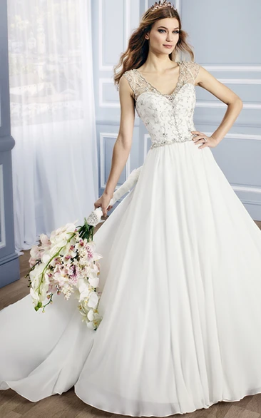 Ball-Gown Cap-Sleeve Beaded Long V-Neck Chiffon Wedding Dress With Court Train And Deep-V Back
