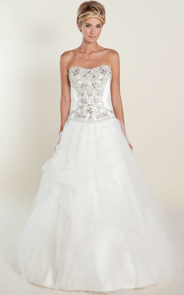 A-Line Beaded Sleeveless Floor-Length Strapless Tulle&Satin Wedding Dress With Deep-V Back And Ruffles