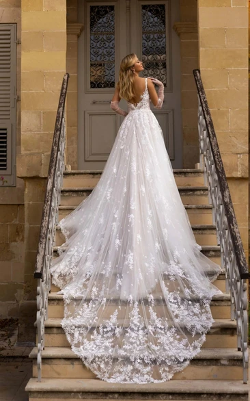 Elegant Vintage V-Neck Charming Lace Tulle Embroidered Long Dragtail Bridal Dress