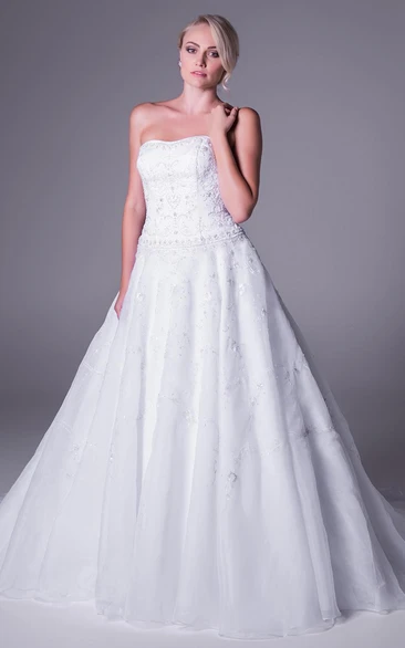 A-Line Strapless Beaded Long Sleeveless Wedding Dress