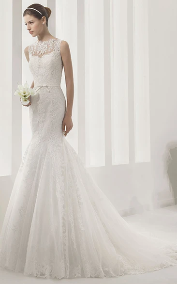 Illusion High Neck Lace Mermaid Gown With Belt And Pearl Details