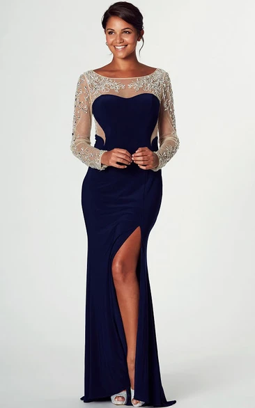 Floor-Length Bateau-Neck Beaded Long-Sleeve Jersey Prom Dress With Split Front