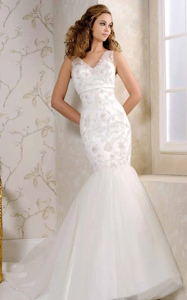 Long V-Neck Beaded Tulle Wedding Dress With Sweep Train And V Back