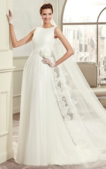 Jewel-Neck Draping Bridal Gown With Floral Waist And Illusive Lace Back