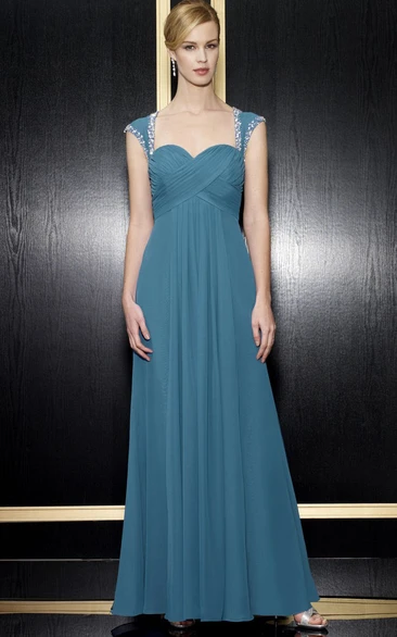 A-Line Floor-Length Empire Queen-Anne Criss-Cross Chiffon Formal Dress With Zipper Back And Beading