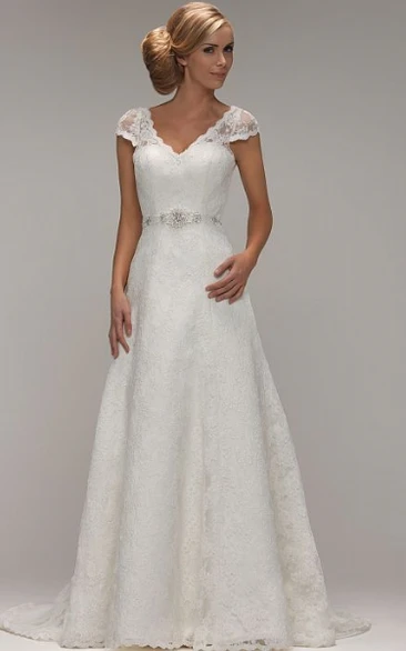 A-Line V-Neck Long Cap-Sleeve Jeweled Lace Wedding Dress With Appliques And V Back