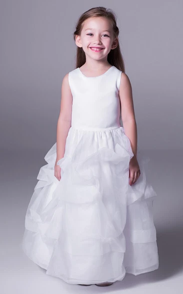A-Line Scoop-Neck Sleeveless Floor-Length Pick-Up Satin Flower Girl Dress