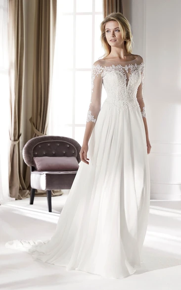 3/4 Sleeves Ethereal Illusion Lace Chiffon Wedding Gown With Court Train