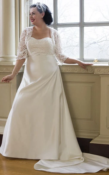 Sweetheart Taffeta Bridal Gown With Lace Bodice And 3-4-Sleeve Jacket