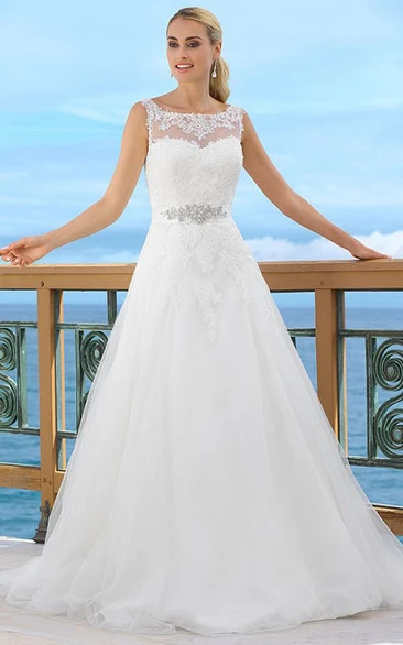 Floor-Length Bateau Jeweled Tulle Wedding Dress With Appliques