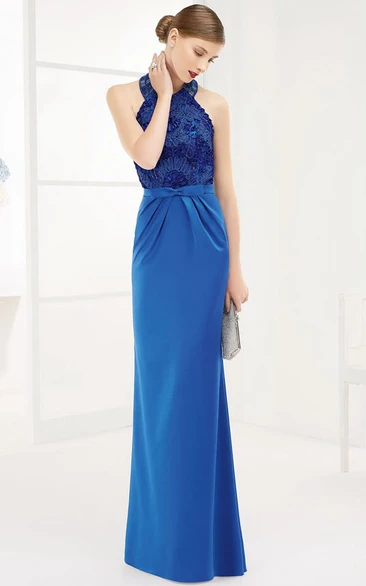 Halter Sheath Long Prom Dress With Appliqued Top And Waist Bow