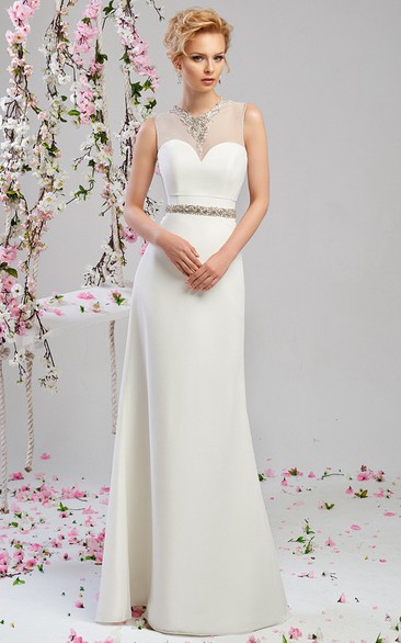 Sheath Floor-Length Jeweled Sleeveless High Neck Chiffon Wedding Dress With Beading And Illusion