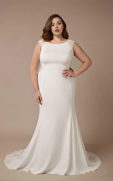 Mermaid Plus Size Satin Lace Sleeveless Wedding Dress Modest Elegant Bateau Neck