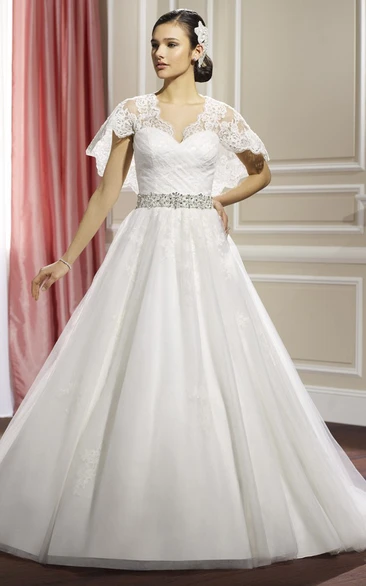 A-Line Floor-Length V-Neck Bat-Sleeve Appliqued Lace&Satin Wedding Dress With Criss Cross And Waist Jewellery