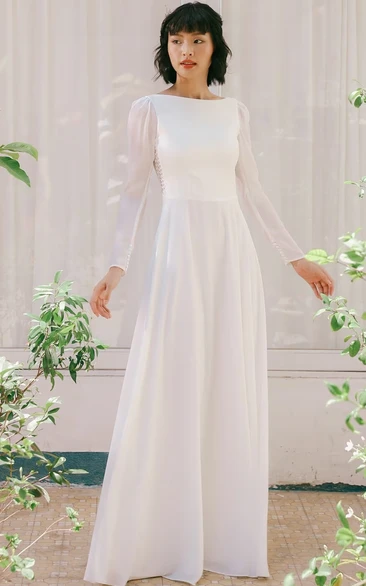 Minimalist Simple A-Line Long Sleeves Bridal Gown with Floor Length and Low Back Elegant Gorgeous Beach Country Chiffon Wedding Dress