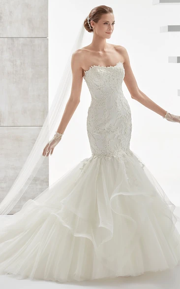 Strapless Mermaid Lace Wedding Dress with Ruffled Train and Appliques