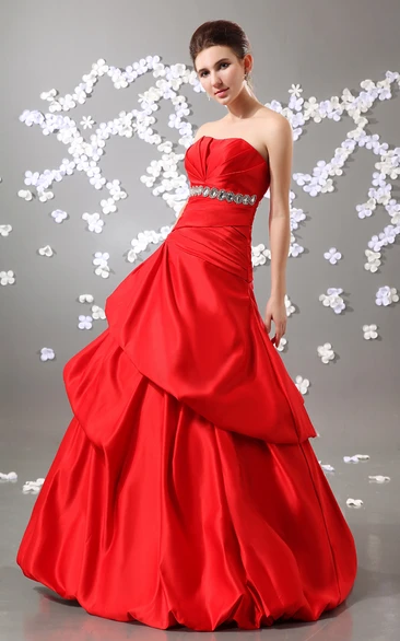 Stunning A-Line Strapless Ball Gown Satin Prom Dress With Ruffles