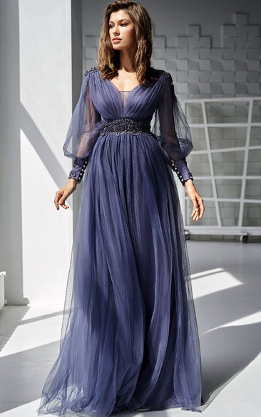 Casual A Line V-neck Tulle Floor-length Mother Dress with Beading and Sash