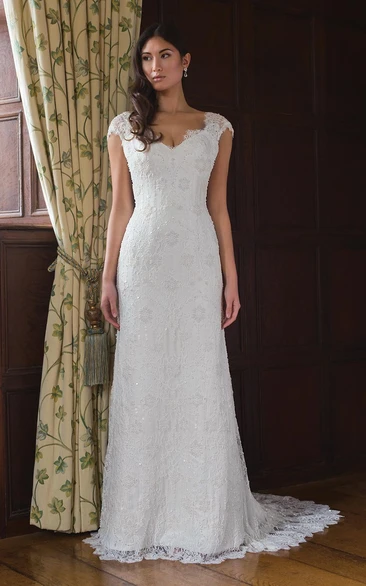 Sheath Cap-Sleeve V-Neck Lace Wedding Dress With Sweep Train