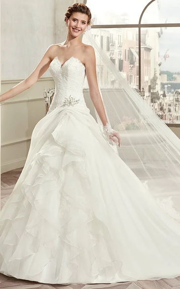 Sweetheart A-Line Lace Ruching Gown With Beaded Details And Lace-Up Back