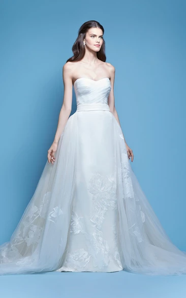 Embroidered Strapless Tulle&Satin Wedding Dress With Criss Cross