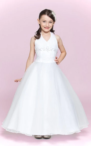 Flower Girl Halter Organza Ball Gown With Appliques