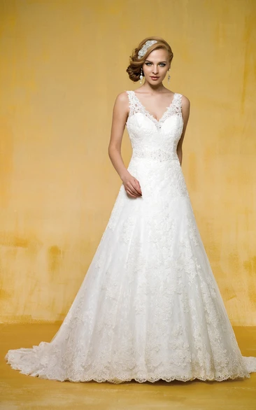 Sleeveless V-Neck A-Line Wedding Dress With Low V-Back And Appliques