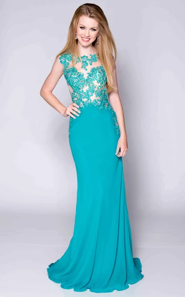 Sleeveless Lace And Jersey Prom Dress Featuring Keyhole Back