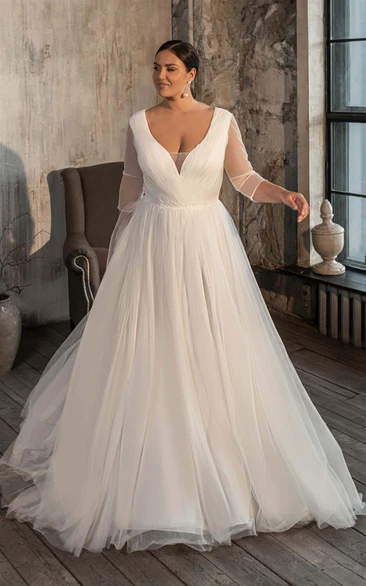 Romantic A Line Tulle V-neck Court Train Wedding Dress with Ruching