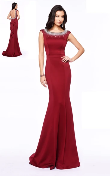Sheath Scoop-Neck Cap-Sleeve Jersey Backless Dress With Beading