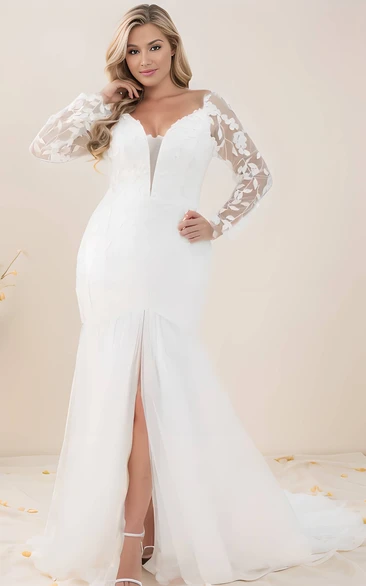 Fall Long Sleeve Mermaid Plus Size V-neck Lace Wedding Dress Backless with Train Garden