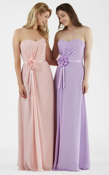Strapless Ruched Chiffon Bridesmaid Dress With Flower And Sash
