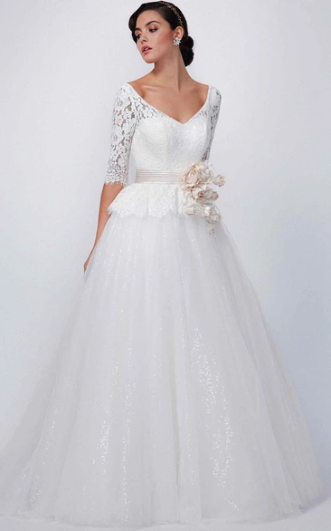A-Line V-Neck Half-Sleeve Lace Wedding Dress With Flower And Sequins