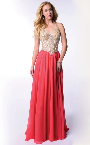 Halter V-Neck Chiffon Long Homecoming Dress With Lace-Up Back