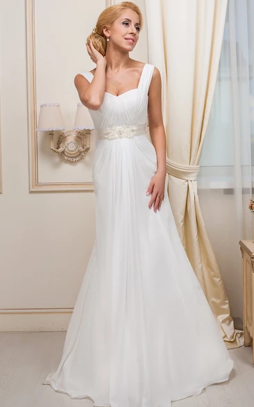 A-Line Ruched Sleeveless Floor-Length Strapped Chiffon Wedding Dress