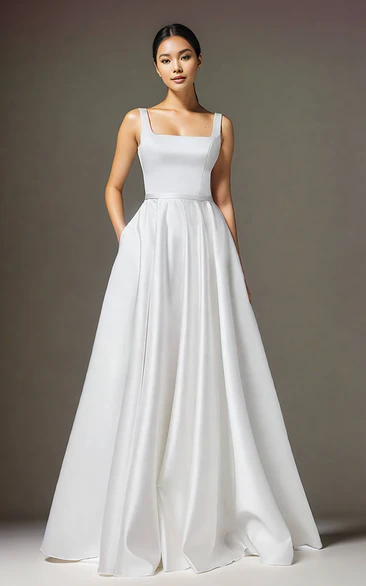 Vintage Simple Square Neck Straps A-Line Satin Wedding Dress Solid Elegant Reception Sleeveless Floor-length V Back Straps Bridal Gown with Sash