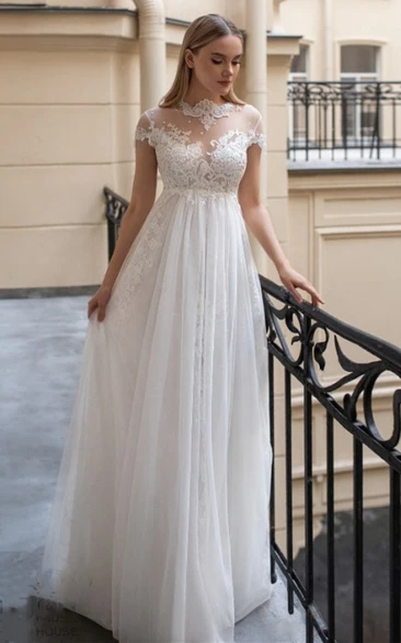 Delicate A-Line Tulle High Neck Wedding Dress with Appliques and Beading