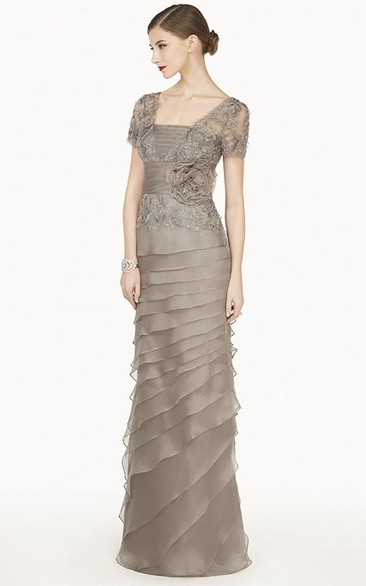 Empire Layered Long Dress With Lace Short-sleeve Jacket And Flower Sash