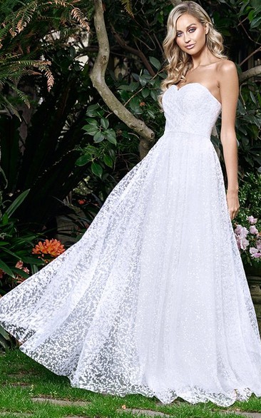 Casual Lace Sleeveless A Line Sweetheart Floor-length Open Back Wedding Dress with Ruching